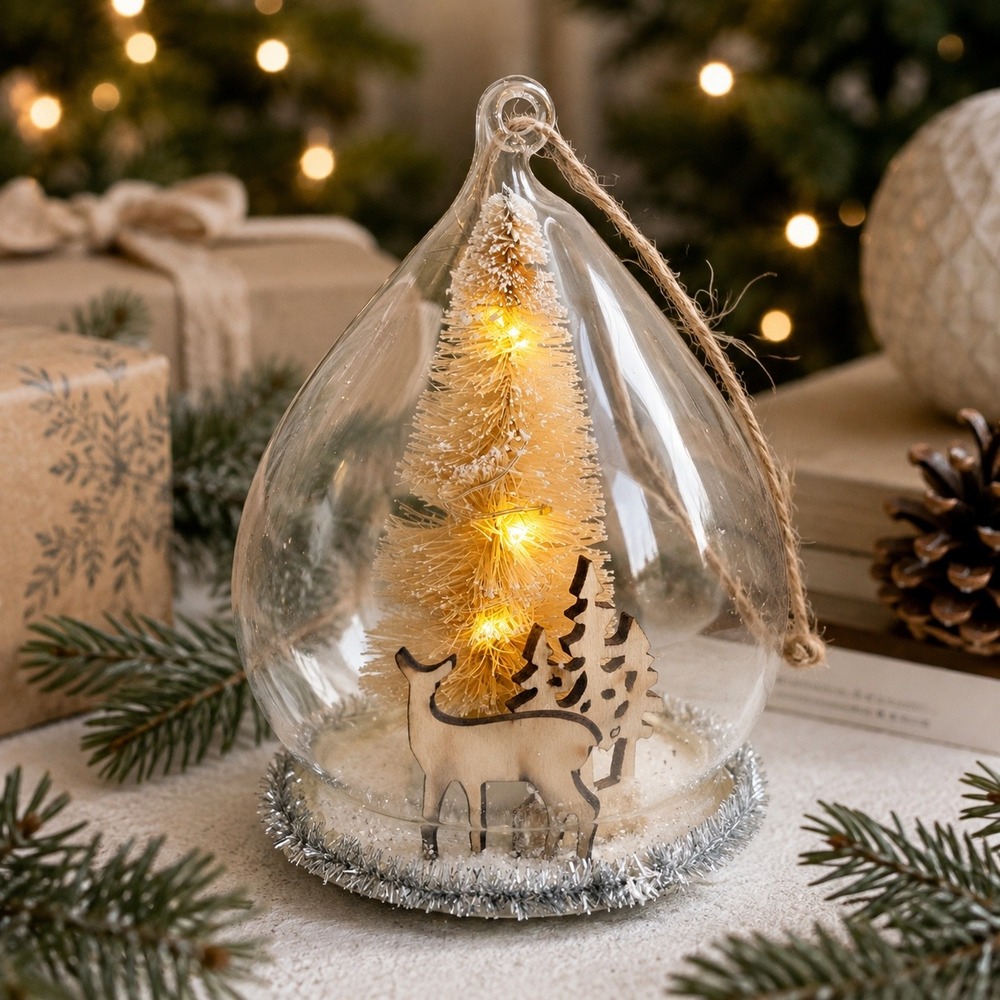 Pottery Barn Light Up Deer Glass Cloche Christmas Ornament NWT 4.5"